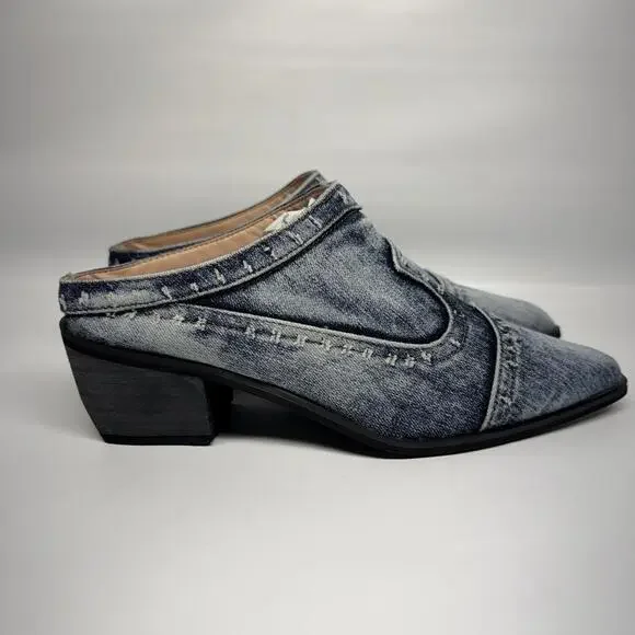 Y2K Denim Western Mule Sz9 Heels Pointed Toe Cowgirl 90s Revival - Picture 2 of 9